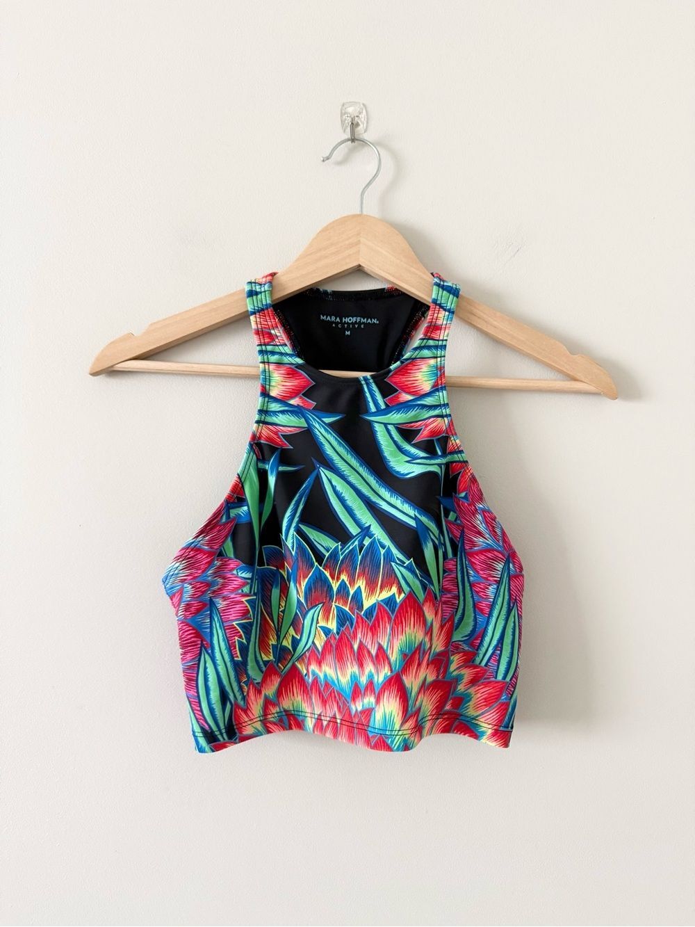 Mara Hoffman Active Black & Neon Floral Light Support Racerback Top Size M